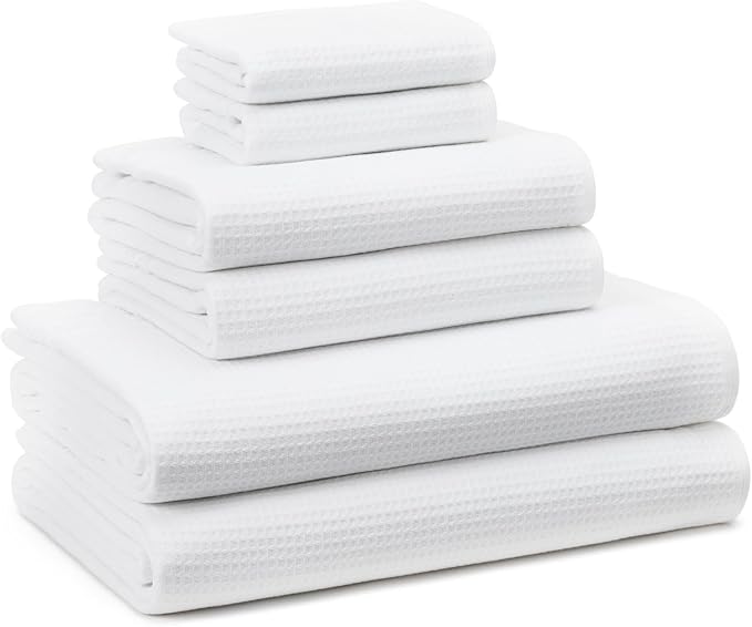 Town & Country Basics 6-Piece Assorted Waffle Woven Terry Stripe Set, 2 Bath Towel, 2 Hand Towel, 2 Washcloth, 100% Cotton, Quick Dry, White