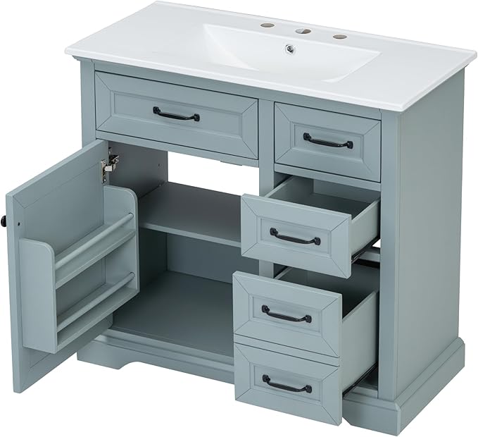 Christopher Knight Home 36" Bathroom Vanity with Ceramic Sink, Wooden Bathroom Vanity Organizer, Bathroom Storage Cabinet, Pedestal Sink Storage Cabinet, Adjustable Door Shelves+Drawer, Green Grey