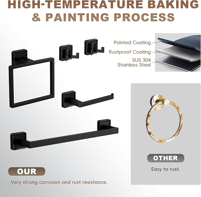 Towel bar Set, 5-Piece Bathroom Hardware Set, 5-Piece Bathroom Accessories Set, Stainless Steel Towel bar Set, 16-inch Towel Rack Set, Matte Black, Wall-Mounted Bathroom Towel Rack