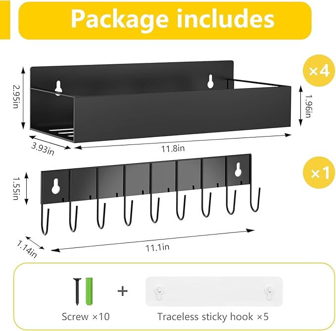Magnetic Spice Rack for Refrigerator, 4 Pack Magnetic Shelf with 1 Hook Magnet Spice Storage Rack Seasoning Organizer with Screw for Oven Fridge (Black-5pack) (Black gun, 4Rack&1Hook)