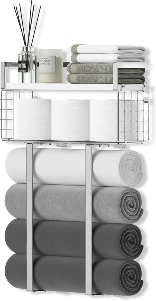 Towel Racks for Bathroom, Bathroom Shelf Over Toilet,Floating Shelves with Towel Rack Paper Holder Storage Basket,Floating Shelves for Wall Decor,Silver