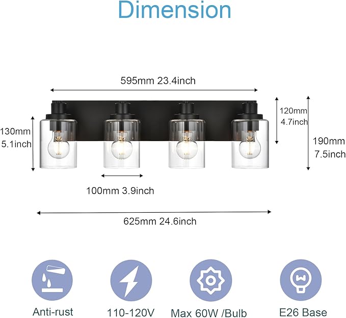 4 Light Bathroom Vanity Lights, Bathroom Lighting Fixtures over Mirror with Clear Glass Shades, Black Vanity Light For Bathoom, Modern Wall Sconces Vanity Lighting Fixture for Bathroom Hallway