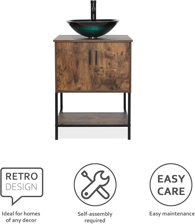 eclife 24" Bathroom Vanity Sink Combo Modern Metal Stand Cabinet W/Bottom Shelf Turquoise Square Vessel Sink & Water Save Faucet & Pop Up Drain, Rustic Brown (A10)