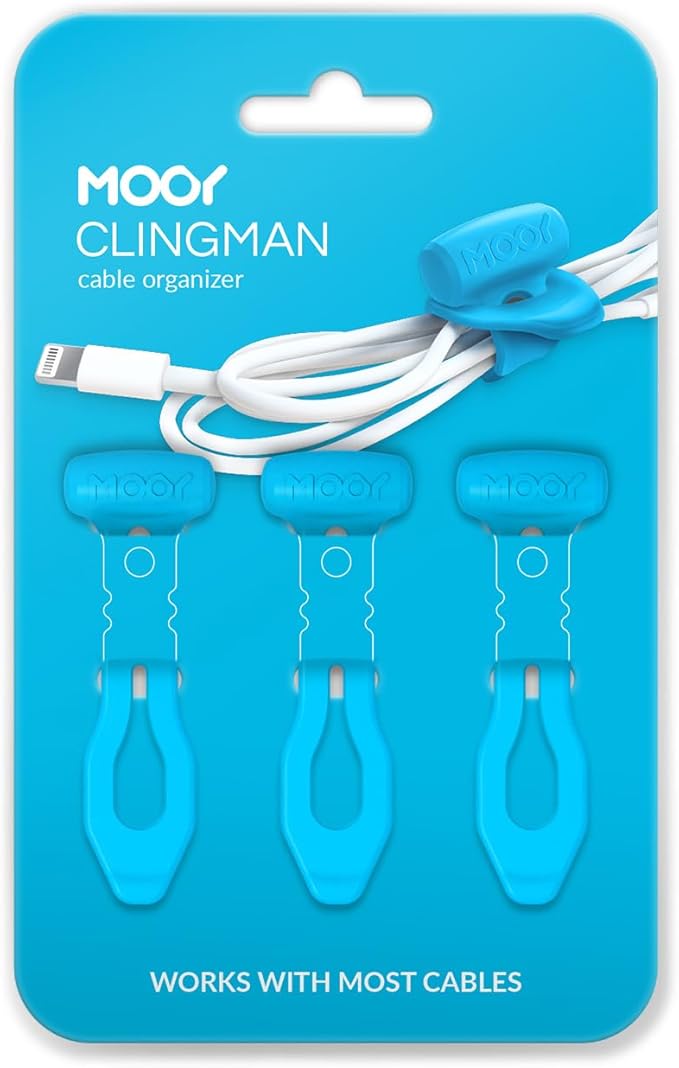 MOOY CLINGMAN Cable Organizer, Cable Management Cable Ties, Reusable, Silicone Rubber, Set of 3, Colorful, Super Stretchable, Never Get Lost (Blue)