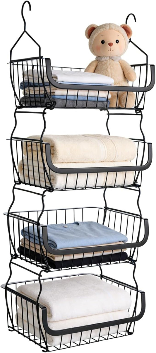 4 Tier Hanging Closet Organizer, 36.2 x 15 x 11 in Carbon Metal Hanging Storage Basket, Rustproof Heavy Duty Closet Wire Storage Shelf for Closet, Laundry, Dorm