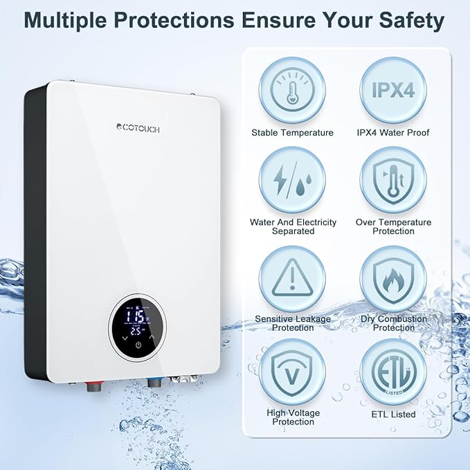 Tankless Electric Water Heater, ECOTOUCH 18kW Instant Water Heater On Demand 240V Under Sink Water Heaters Point of Use with ETL Certificated Self-Modulation ECO180S White