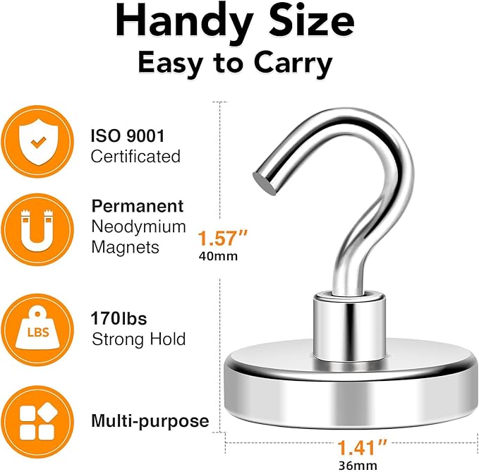 MIKEDE Magnetic Hooks Heavy Duty, 170LB+ Rare Earth Neodymium Magnet Hooks with Epoxy Coating, Extra Strong Cruise Hooks for Hanging, Magnetic Hook Hanger for Cabins, Grill, Garage - 6 Pack