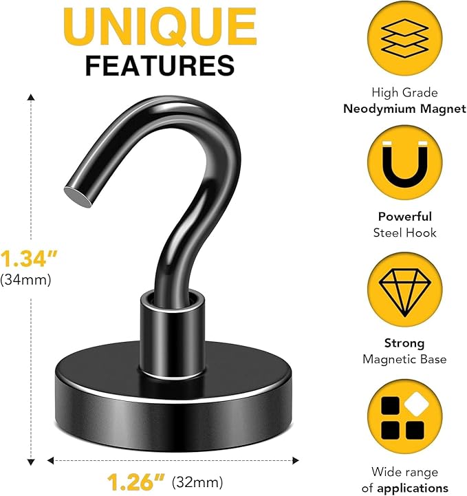 DIYMAG Black Magnetic Hooks, 120 LB Heavy Duty Strong Magnets with Hook, Rare Earth Neodymium Magnet Magnetics for Cabins Cruise Ship Essentials 4 Packs