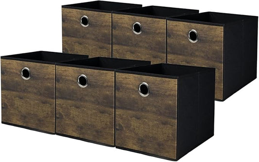 6-Pack Durable Storage Cube Bin with Decorative Wood Grain,Thickened Fabric Box,Storage Basket for Shelf,Closet,Storeroom,Bedroom,Living Room,Nursery,Office,Dorm,RV,13x13x13in,Brown with Black(Large)