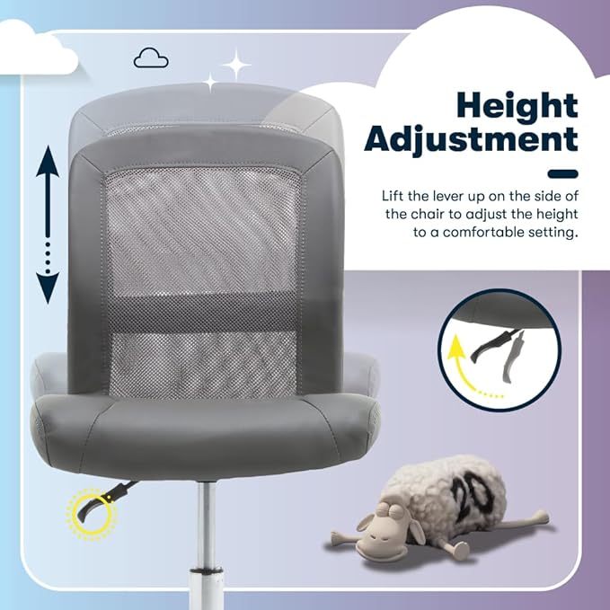 Serta Essential Armless Task Chair, Small Desk Chairs with Wheels, Breathable Mesh Back and Faux Leather, Quality Foam Cushion Seat for Comfort, Minimal Design for Vanity Table, Gray