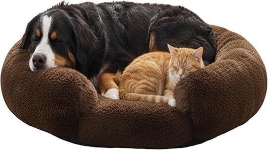 Fluffy Dog Bed Calming Donut Beds for Large Dogs Warming Round Small Medium Pet Nest Cozy Cat Mattress Indoor Washable Puppy Kennel Kittens Sleep Mat (XL, 43.3×43.3 inch, Brown)