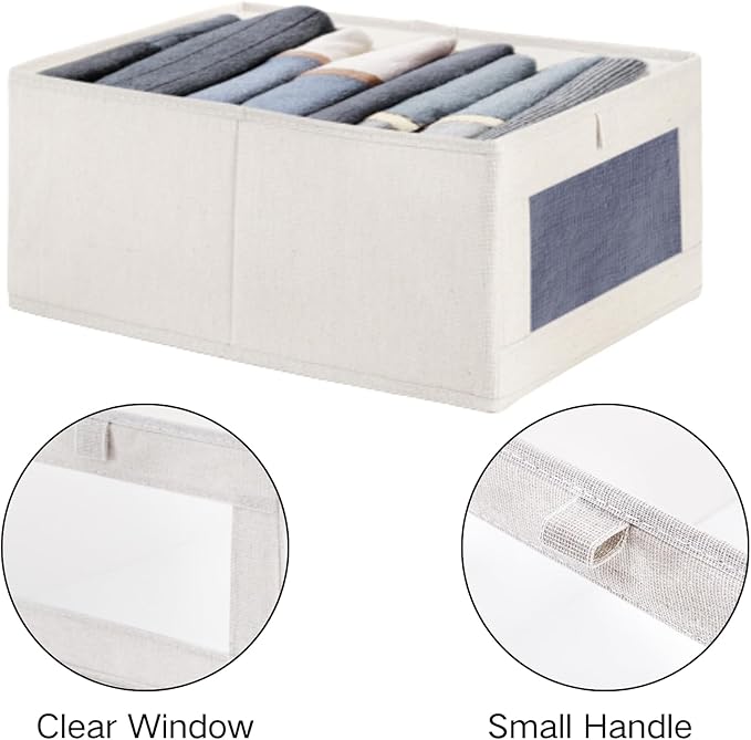 Coloch 6 Pack Linen Storage Bins with Clear Window, Collapsible Closet Storage Box Fabric Clothing Organizer Stackable Organizer Basket for Folded Clothes, Jeans, Toy, Book, Shelves, Closet, Beige