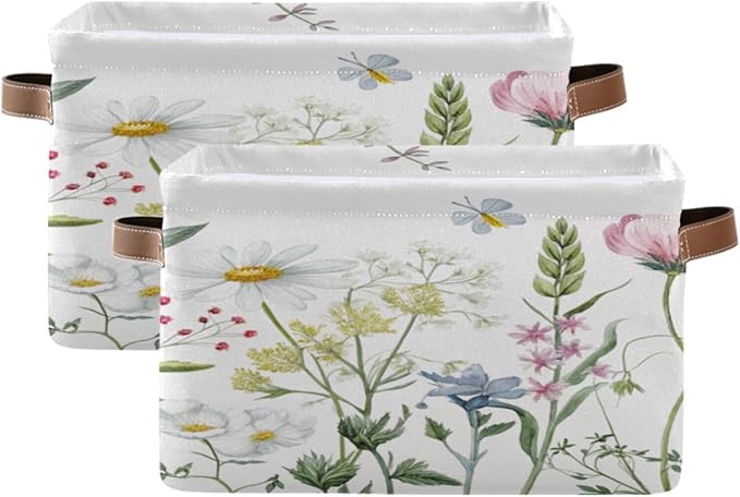 xigua Storage Basket Elegant Wildflowers Storage Bin with Handle, Large Storage Cube Collapsible for Shelves Closet Bedroom Living Room 1PC