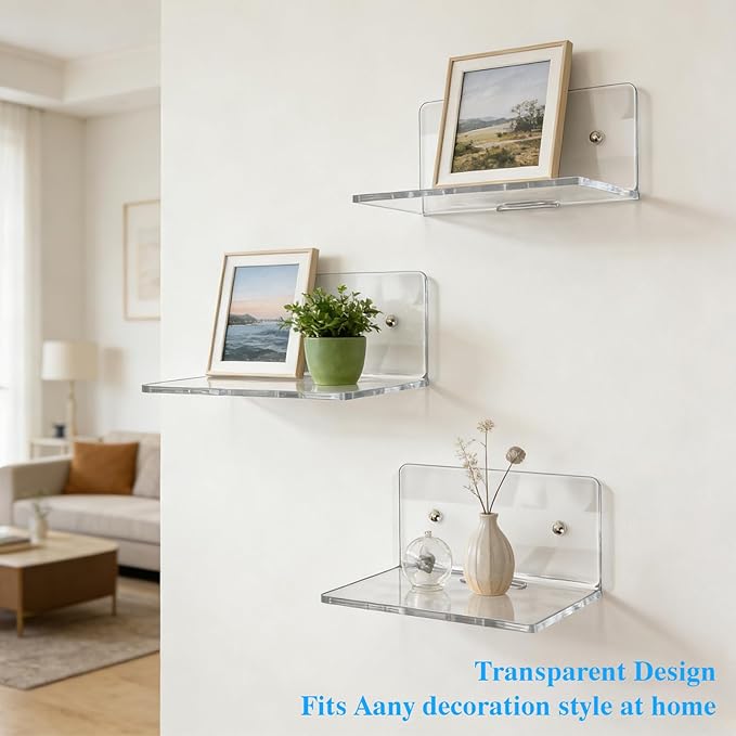 6 Pack Acrylic Mini Wall Mount Floating Shelves, Clear Small Flexible Shelf for Wall Security Camera Shelf for Bedroom, Bathroom, Living Room, Office with 2 Types of Installation