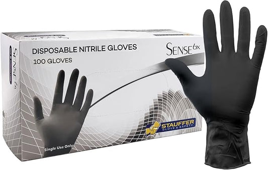 Heavy Duty Black Disposable Nitrile Gloves, 6mil, Stauffer Sense6x, Latex Free, 12" Extra Long, Tough & Strong - (Box of 100)