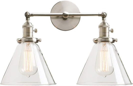 Permo Double Sconce Vintage Industrial Antique 2-Lights Wall Sconces with Funnel Flared Glass Clear Glass Shade (Brushed)