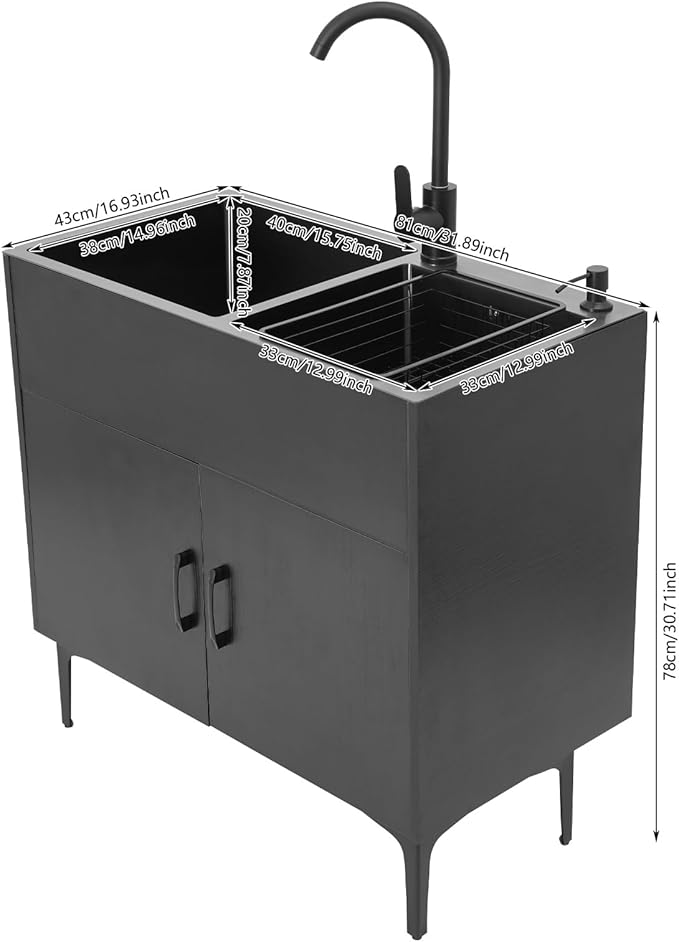 Laundry Room Double-bowl Sink Cabinet, Utility Sink Cabinet with Cold & Hot Faucet Freestanding, Bathroom Kitchen Stainless Steel Laundry Sink 31.89x16.93x30.71in (Black)