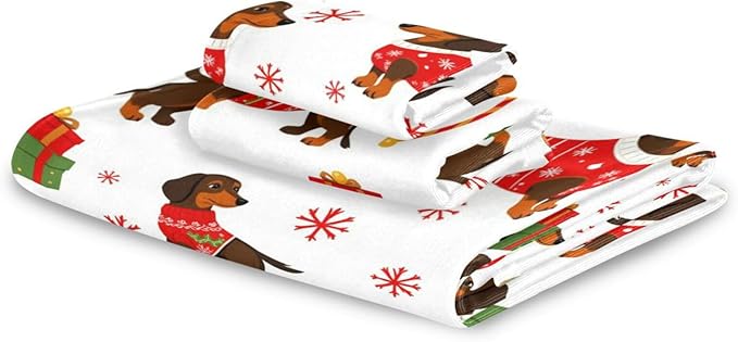 Christmas Winter Towels Set of 3 Dachshund Dog Christmas Snowflakes Bathroom Towel Soft Absorbent Bath Hand Towels Washcloth Guest Towel Sets Xmas Holiday Decor