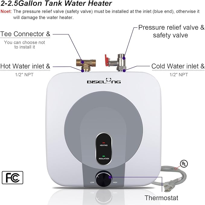 110V-120V 1440-1500W Small Under Sink Tank 2.5 Gallon Water Heater Hot Storage,Mini Instant Electric RV TR Trailer Kitchen Compact,Food Truck 2 PCs 16” Long 1/2”FIP Stainless Steel Hose (BI-2.5)