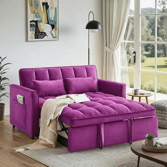 3 in 1 Convertible Sofa Bed, Love Seat Sleeper Bed with Side Pockets, Velvet Fabric Pull Out Couch with Adjustable Backrest for Living Room, Bedroom, Apartment, Deep Pink