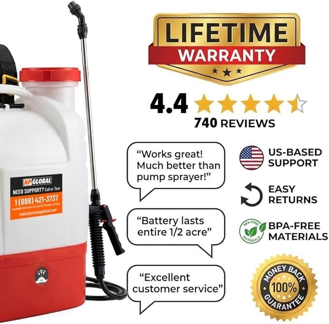 Battery Powered Backpack Sprayer - 4.2 Gallon, 8 Nozzles, 100PSI Cutoff, Long Battery Life, Wide Mouth, High-Pressure Spray Hose, Trigger Lock, Pressure Knob Controller