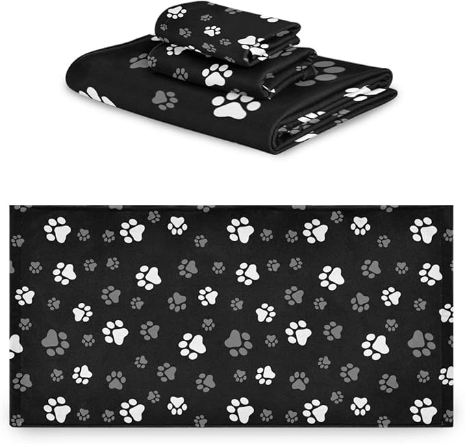 3 Piece Black White Grey Dog Paw Print Bath Towel Set,Microfiber Decorative Cute Puppy Animal Footprints Bathroom Towels,1 Bath Towel 1 Hand Towel for Bathroom Kitchen,1 Washcloth for Face