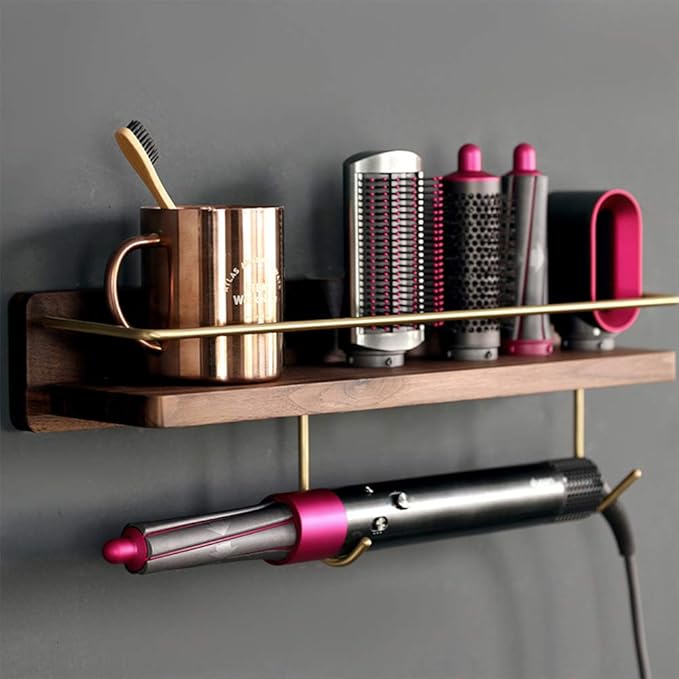 Affogato Wall Mounted Holder for Dyson Airwrap Styler Hair Curling Wand Brush Barrel Bathroom Shelf Tray Wood Stand Home Bedroom Hair Salon Storage Organizer with Hook for Comb Cream Facial Cleanser