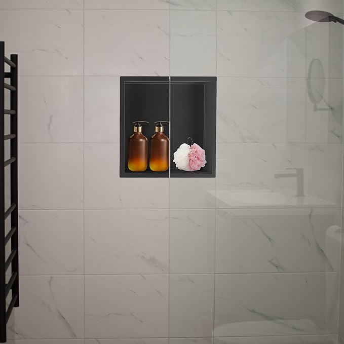 12"×12" Stainless Steel Shower Niche, Recessed Shower Caddy, Bathroom Shelf Insert Fits for 11"x11" Wall Hole Installation (Matte Black)