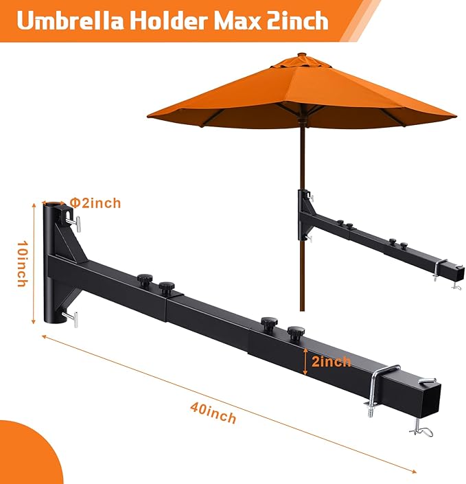 Heavy Duty Hitch Mount Umbrella Holder Adjustable Length Umbrella Holder Fits 1" to 2" Poles Mount Umbrellas Stand for Large Patio & Outdoor Umbrellas, Tailgates, Camping, Outdoor Gathering