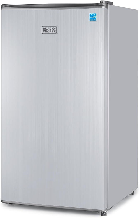 BLACK+DECKER 3.2 Cu. Ft. Compact Refrigerator, ENERGY STAR Small Refrigerator, Single Door Mini Fridge with Chiller Compartment, Personal Fridge for Home or Dorm Room, BCRK32V, Stainless Look