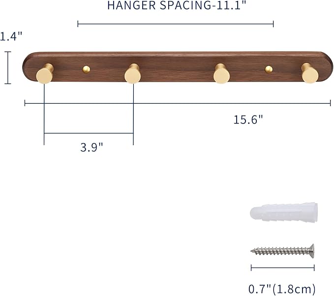 SARIHOSY] Wall Mounted Coat Rack,Multi Hook Hangers,Entryway Hanging Coat Rack,Metal Wood Coat Rail with 4 Hooks，Walnut Wood,zinc Alloy,Bedroom,Bathroom,Foyer,Living Room,Metal Household Items
