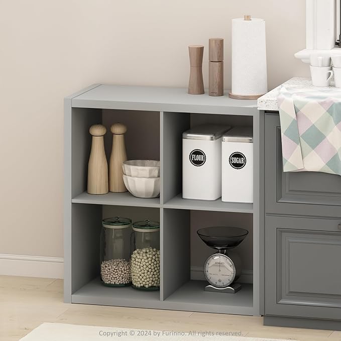 Furinno Hermite 4-Cube Open Shelves Kitchen Storage, Kitchen Island, Bakers Rack, Buffet Sideboard, Light Grey