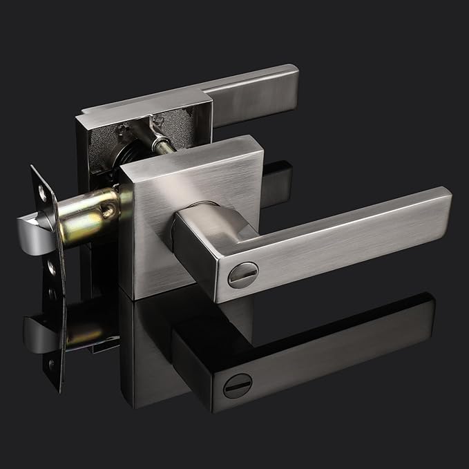 Probrico Interior Brushed Nickel Door Handle, Heavy Duty, Flat Square Privacy Door Handles, Keyless Door Levers Lockset for Bedroom and Bathroom (15 Pack, Modern)