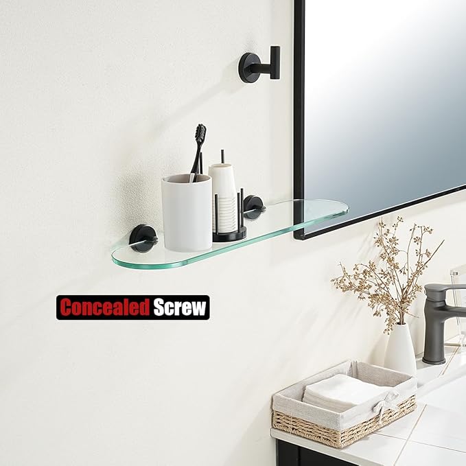 JQK Bathroom Glass Shelf Black, Tempered Glass Shower Storage 20 by 5 inches, 304 Stainless Steel Matte Black Wall Mount 2 Pack 2 Pack, TGS121L20-PB-P2