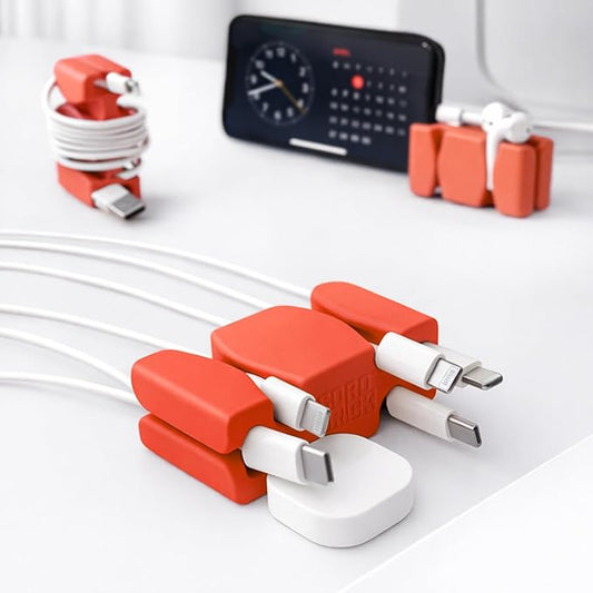 CordBrick Stocking Stuffers for Adults Cord Management Weighted Cord Holder Cable Wrap Phone Stand - Multiuse Gadget Organizer for Nightstand, Desk. Gift for Men, Durable Silicone. 6pk Coral