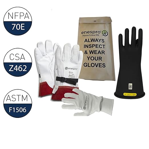 Enespro Class 2 Black Rubber Voltage Insulating Glove Premium Kit with FR Knit Glove and Leather Protectors, Max. Use Voltage 17,000V AC/ 25,500V DC (KITGC208AG)