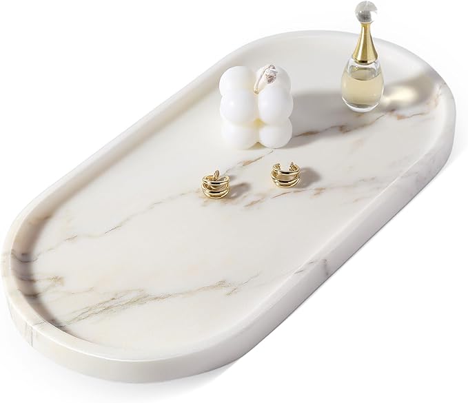 White Marble Tray with Gold Pattern - Decorative Stone Tray for Bathroom & Vanity