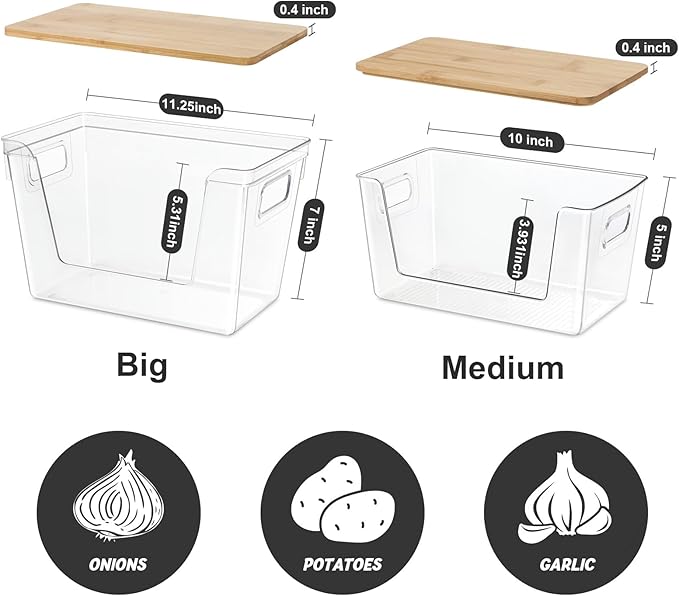 Pantry Organizers and Storage, Stackable Plastic Pantry Organizer with Lid & Handle for Kitchen Counter, Fridge for Fruit, Potato, Onion, Vegetable, 4 Set (Clear- 2 Large Bin & 2 Medium Bin)
