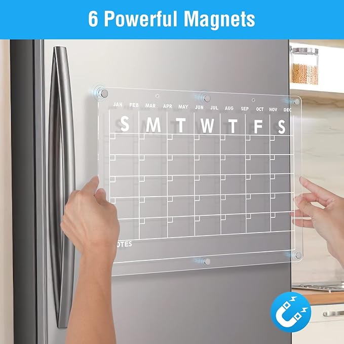 Acrylic Magnetic Dry Erase Board Calendar for Fridge, 16.5"x12" Inch Clear Dry Erase Calendar for Refrigerator, Magnetic Planning Calendars Includes 6 Colors Markers and Magnet Pen Holder