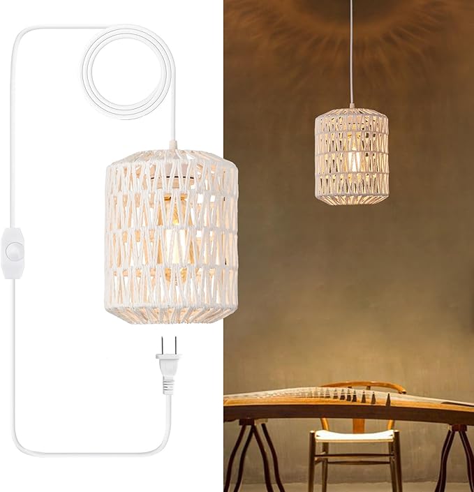 Plug in Pendant Light, Rattan Hanging Lights with Plug in Cord 15ft Dimmable Cord, Hand Woven Wicker Lampshade Hanging Lamp, Boho Plug in Hanging Ceiling Light Fixture for Farmhouse Bedroom White