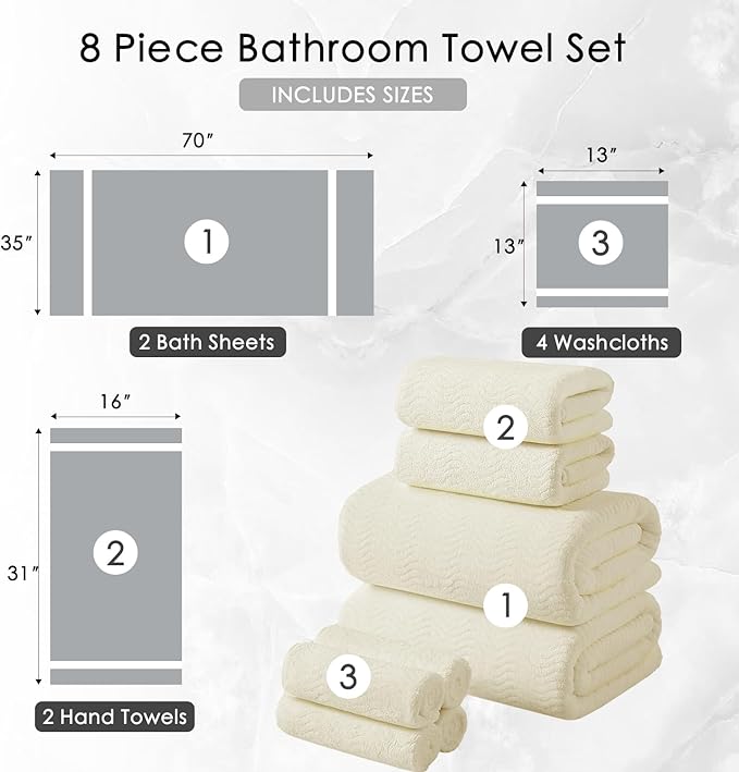8 Piece Bath Towel Set — 2 Oversized Large Bath Sheet,2 Hand Towels,4 Washcloths — Ultra Soft Cozy Bath Towel Set for Bathroom Hotel Gym Spa,Highly Absorbent Quick Dry Bathroom Towel Collections,Cream