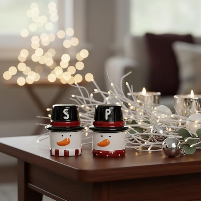 Young’s Inc Ceramic Christmas Marshmallow Snowman Salt & Pepper Set – Cute Red & Black Holiday Tabletop Shakers, 3.35" Small Size for Christmas Dining & Winter Kitchen Decor