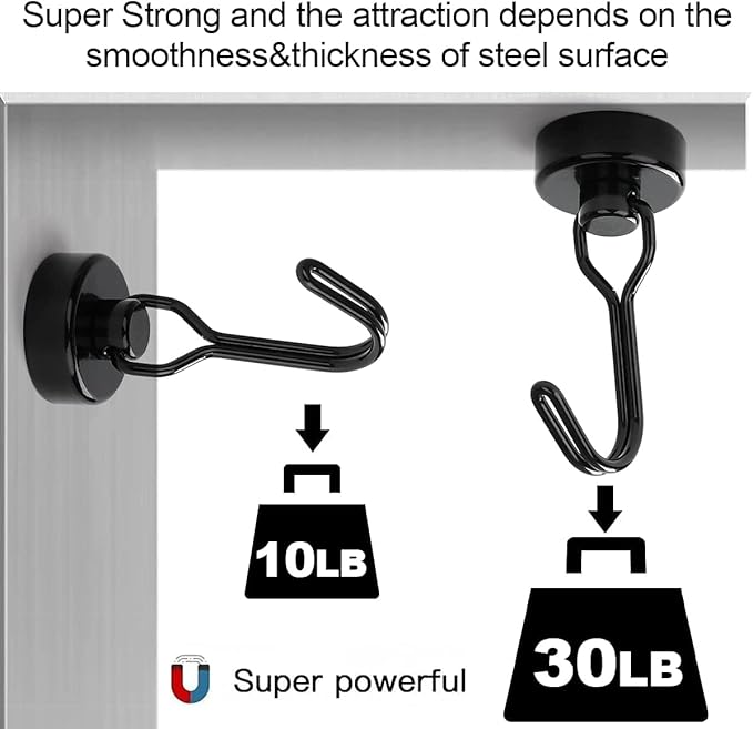 Donanim 8 Pack Magnetic Hooks, 30LBS Neodymium Strong Black Magnets Hook Heavy Duty for Indoor Outdoor Hanging, Refrigerator, Grill, Kitchen Kitchen Tools Hanging