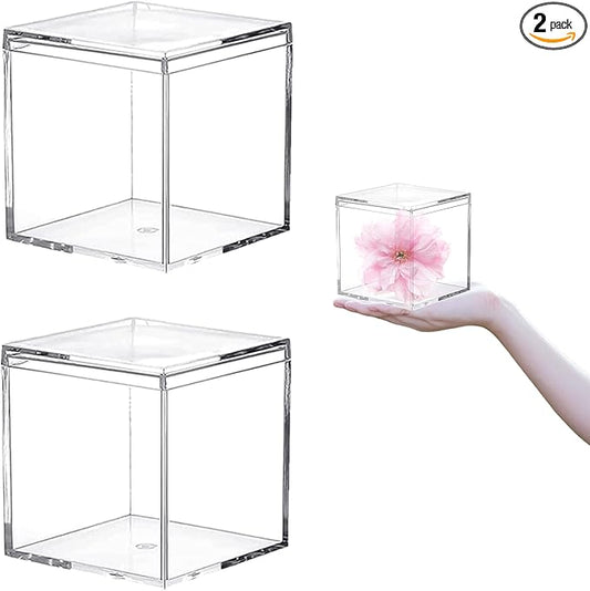 Acrylic Box with Lid 2 Pieces 4*4*4 Inch Clear Square Cube Plastic Decorative Boxes Clear Display Box Candy Jewelry Storage Boxes Organize Containers for Birthday Valentine's Day Party Favor