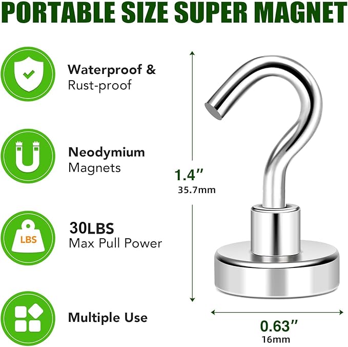 MIKEDE N52 Magnetic Hooks, 30lbs+ Heavy Duty Earth Magnets with Hooks for Refrigerator, Extra Strong Cruise Magnets Hooks for Hanging, Cruise Cabins, Grill, Indoor, Outdoor - 20 Pack