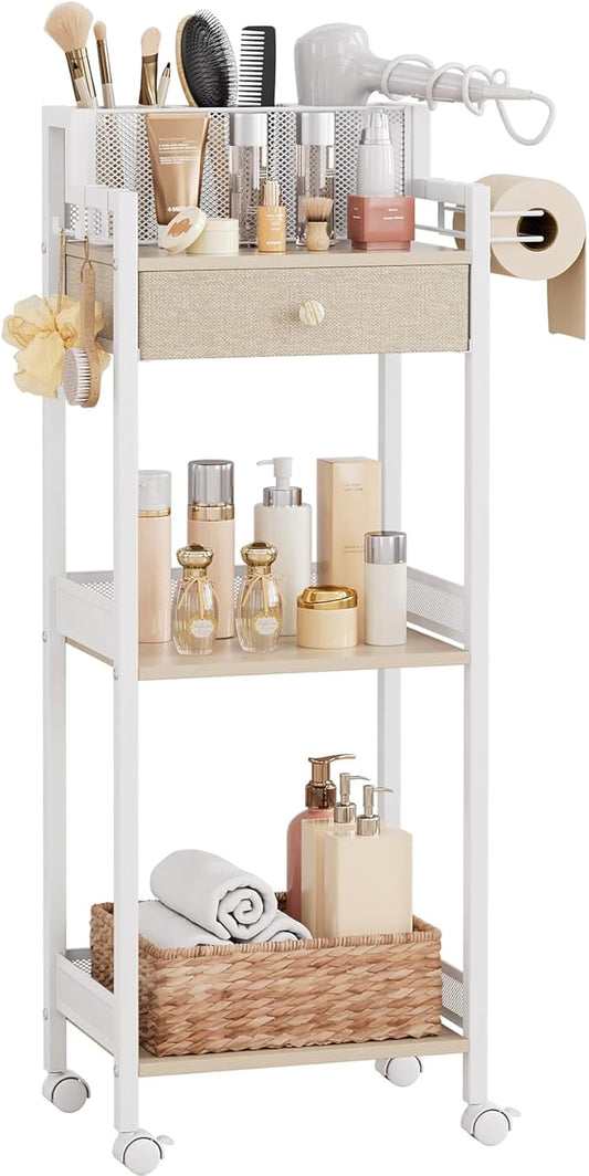 3 Tier Bathroom Shelf with Drawer, 12.8in Large Floor Makeup Organizers Cosmetics Display Cases Holder for Hair Tool, Skincare, Kitchen, Bathroom, Laundry Room Organization