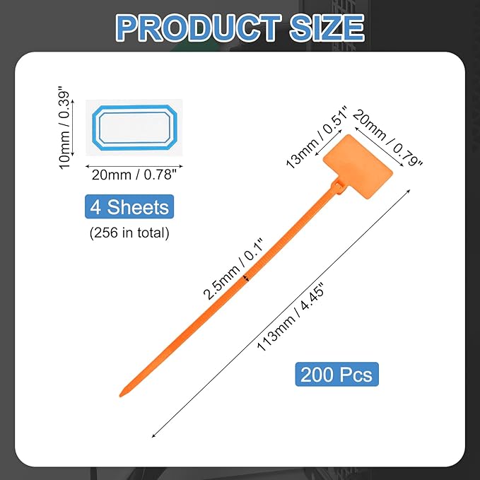 PATIKIL 4inch Zip Ties, 200pcs Cable Ties Tags Nylon Wire Marking Label Self Locking Plastic Straps Write on with Label Tags Paper for Organization Cord Network Ethernet Marking, Orange