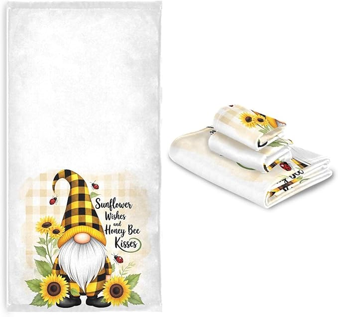 Gnome Sunflower Flowers Towels Set of 3 Bee Plaid Spring Bathroom Towel Soft Absorbent Bath Hand Towels Washcloth Guest Towel Sets Bathroom Decorations