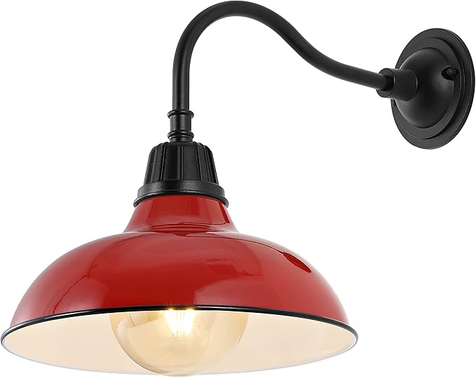 JONATHAN Y JYL7613E Aurora 12.25" 1-Light Farmhouse Industrial Indoor/Outdoor Iron LED Gooseneck Arm Outdoor Sconce Metal Bowl Shade Vintage Cottage Rustic Porch Patio Yard Barn, Red