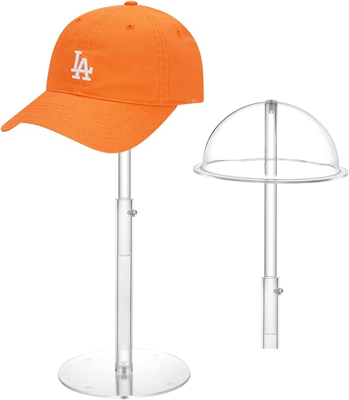 Hat Display Stands, 8" to 16" Adjustable Height Acrylic Cowboy Hat Holder Stand, Clear Durable Domed Baseball Cap Holder Hat Rack with Brim, Wig Holder Display Stands for Vendors Salons Closet